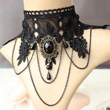Gothic Retro Hollow Lace Flower Collar Necklaces, Antique Bronze, Black, 10.2″