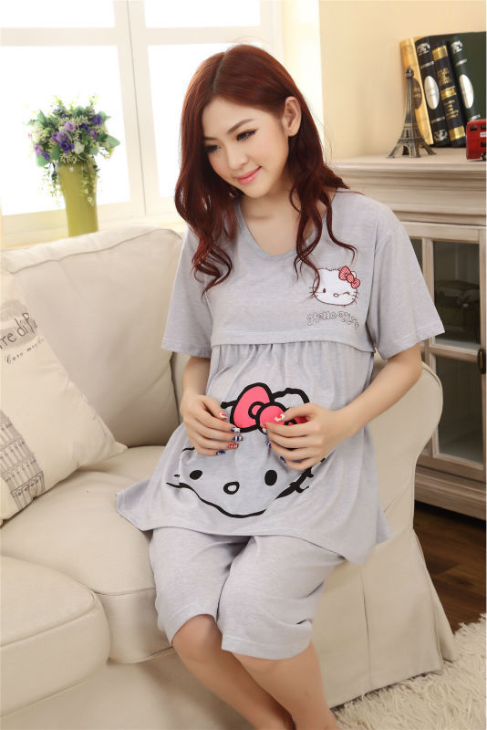 Hello kitty Gray women clothing maternity wear summer dresses for pregnant nursing clothes breast feeding maternity sleepwear 22