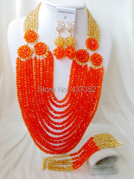 2015 New Arrived! champagne gold orange costume nigerian wedding african beads jewelry sets crystal beads necklaces NC2186