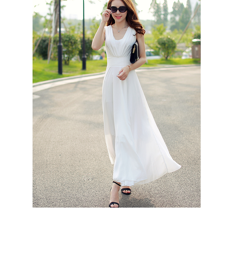 2015 Summer Plus size Woman Casual Chiffon Long dress Solid sleeveless V-Neck Floor length White Color S~XXL Women clothing -6