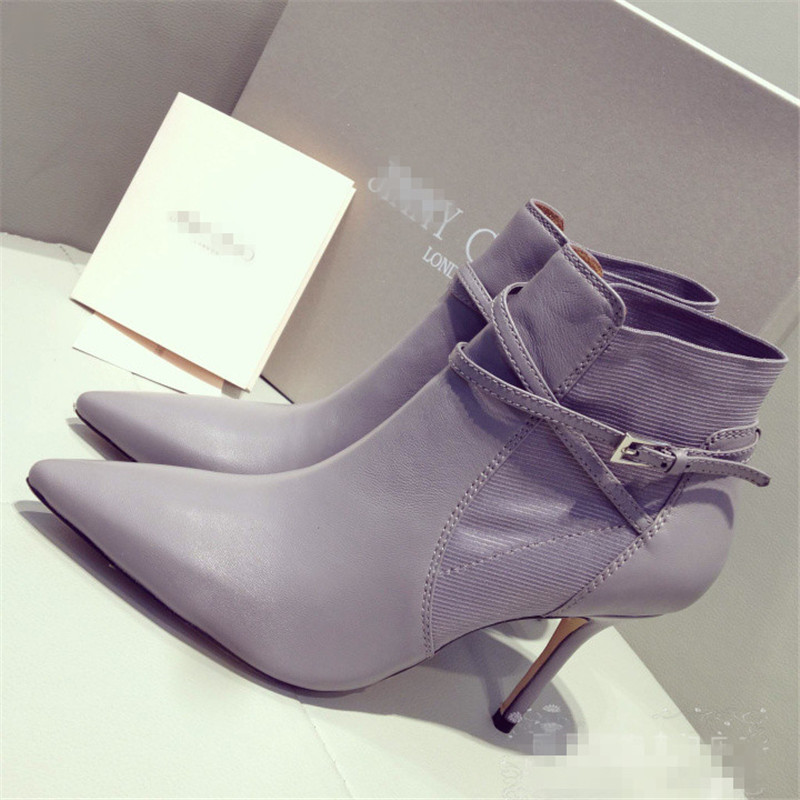 Woman Autumn Winter Thin Heels Ankle Boots High Quality Full Grain Leather Buckle Shoe Black Pointed Toe Thin Heels Ankle Boots