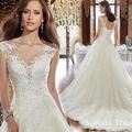 New A Line Embroidery Boat Neck Tank Sleeveless Court Train White Satin Bridal Wedding Dress Wedding