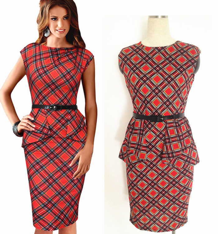 2016 New Women Vintage Elegant Belted font b Tartan b font Peplum Ruched Tunic Work Cocktail