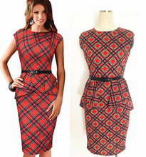 2016 New Women Vintage Elegant Belted Tartan Peplum Ruched Tunic Work Cocktail Party Cap Sleeve Bodycon Sheath Dress