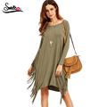 Sweetyou 2017 New Arrival Spring Summer Tassel Dress Full Sleeve Mini O Neck Solid Plus Size