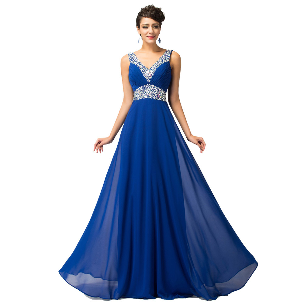 Grace Karin Chiffon Elegant Royal Blue Evening Dresses V Neck Beaded Formal Gowns Long Prom 