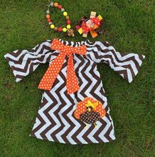New arrival girls fall dresses chevron dress turkey dress kids brown wave dress thanksgiving party dress with necklace and bow