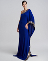 Long Dress Party Evening Elegant 2015 Arabian Design One Shoulder Blue Dress Sequined One Full Sleeve