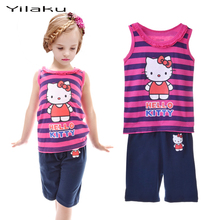 High Quality Hello Kitty Striped Clothing Set Kids Girls Cotton Dog Printed Vest Pyjamas Suit 3 Design Available CF225CF226CF227