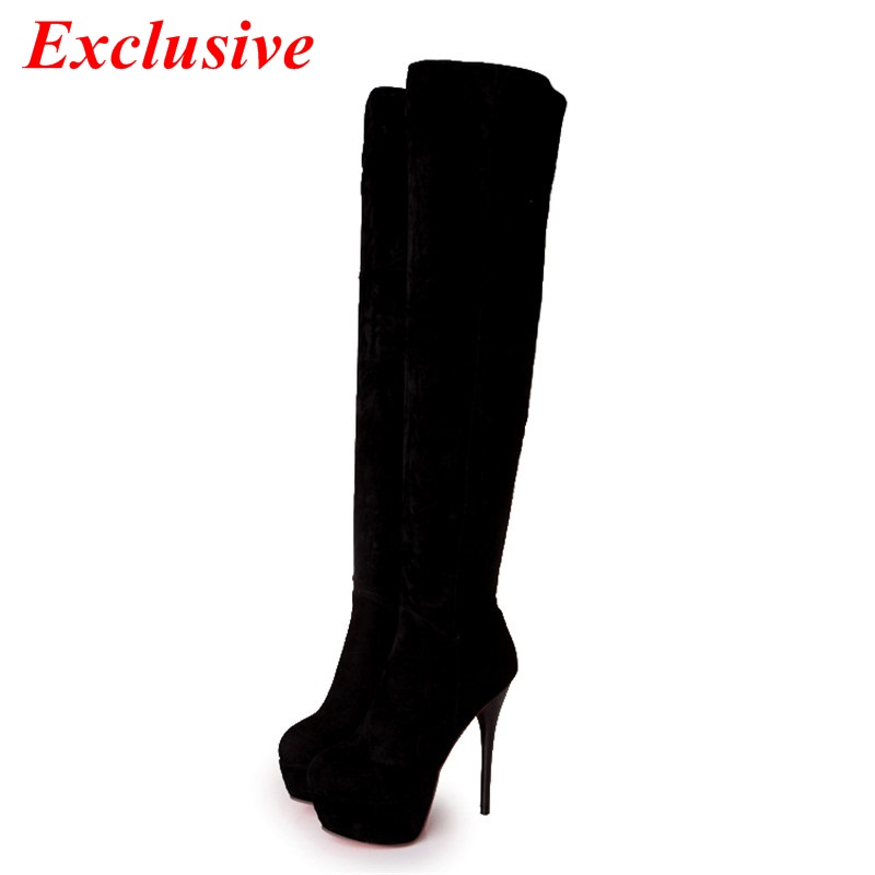 Fine high-heeled Knee Boots 2015 Latest Nubuck Leather Long Boots Winter Short Plush Woman Shoe Zip Fine High-heeled Knee Boots