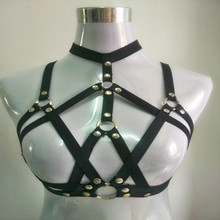 2016 New fashion goth women chest O ring studded strap garter belt cage bondage lingerie body harness bra black retail