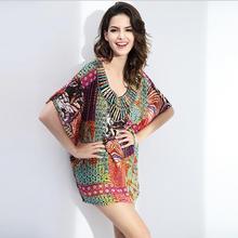 2016 New Arrivals Plus Size Chiffon Blouses Print Fashion Summer Batwing Sleeve Blouses Sexy O-Neck Long Tops Beach Clothes Q394