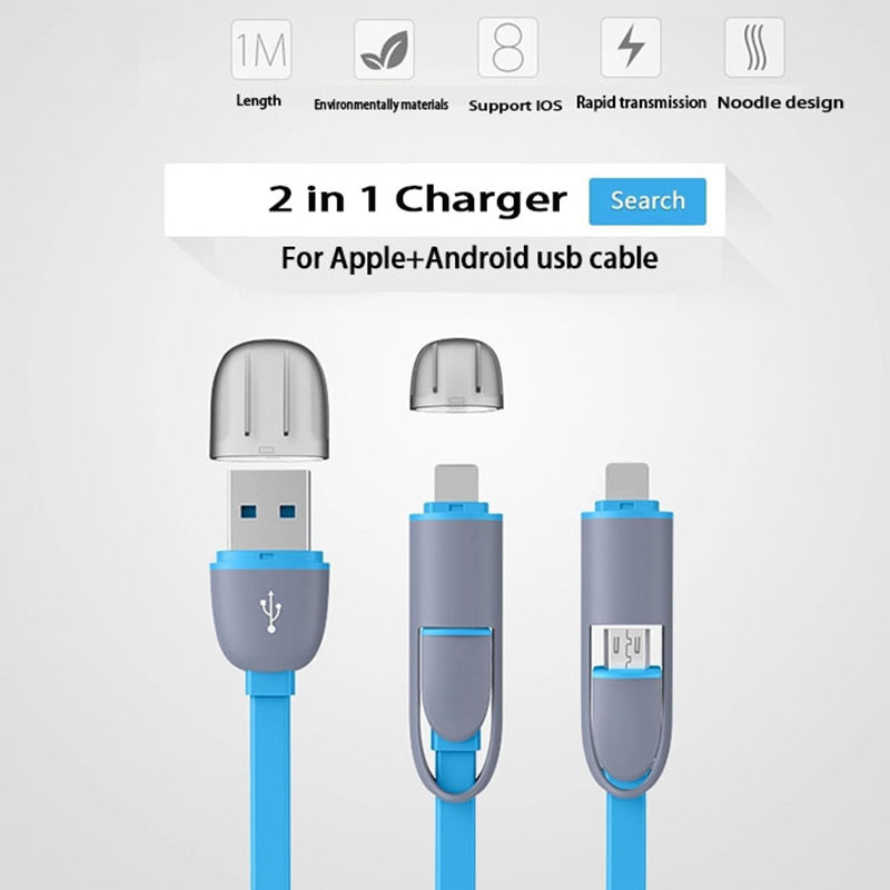 Hot  Micro usb + 8pin USB 2 in 1 Sync Data Charger electric Cable for iPhone 5s 6 plus ipad ios 8 For Samsung HTC for ios 9.0