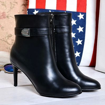 New Fashion Winter Boots High-heeled Boots Metal Buckle Shoes Woman Solid First Layer Of Leather Boots Side Zipper Women Boots