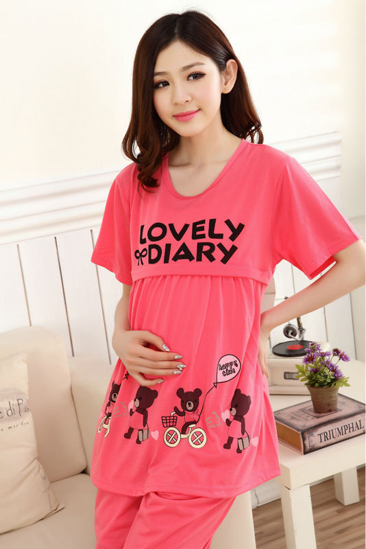 Cute bears Red Summer Pregnant woman pajamas nightwear clothing for pregnancy Puerpera breastfeeding clothes set maternal top 4