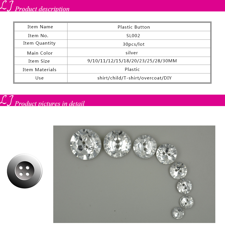 Description Picture 3 of itemNew fashion button 30pcs/lot snap round Button shiny acryl button plastic garment cloth sewing button accessory scrapbooking DIY