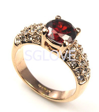 SGLOVE- NEW 2014!  4 Prongs Round Cutted Sparkling Ruby Cubic Zirconia Engagement Ring, 18k Gold Plated & Bezel Set Crystals