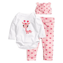 Spring Style Baby Rompers Long Sleeve Cotton Baby Infant Cartoon Animal Newborn Baby Clothes (romper+hat+pants) Clothing Set