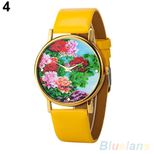 Woman watches Rural Peony Flowers Printed Faux Leather Round Dial Analog Quartz WristWatches 28F7