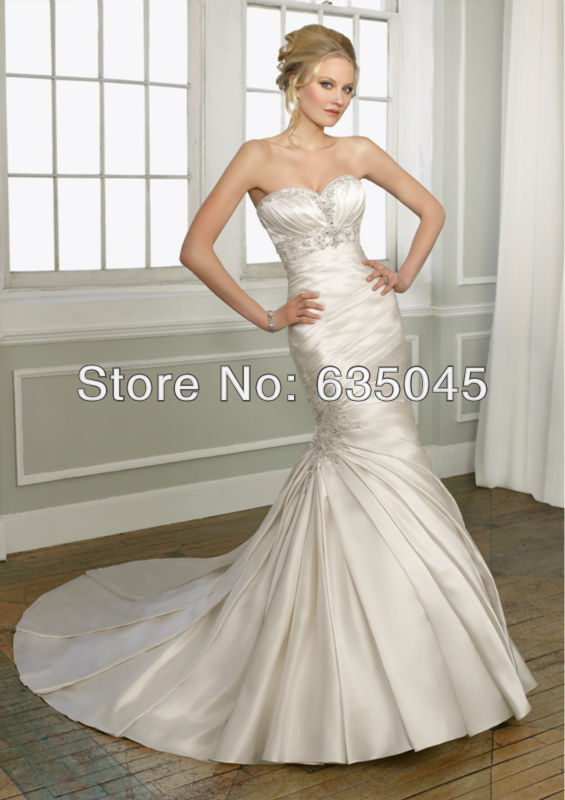 2015 New Custom Made Elegant Satin Crystal Beading Pleat Mermaid Wedding Dress Vestido De Noiva