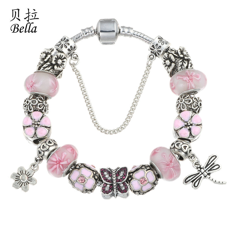 Pink Flower Murano Glass Beads And Butterfly Charms With Shine Drills Fits Pandora Bracelets Wholesale For Women(China (Mainland))