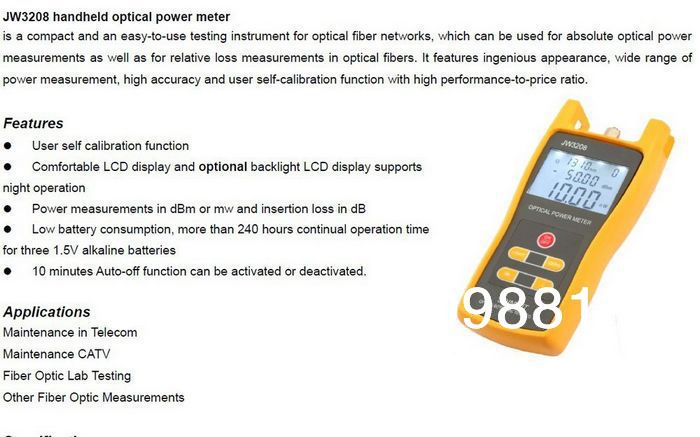 10pcs lot Telecommunication Equipment Optical fiber Power Meters Tester JW3208C Laser Fiber Optic Tool Tester 50