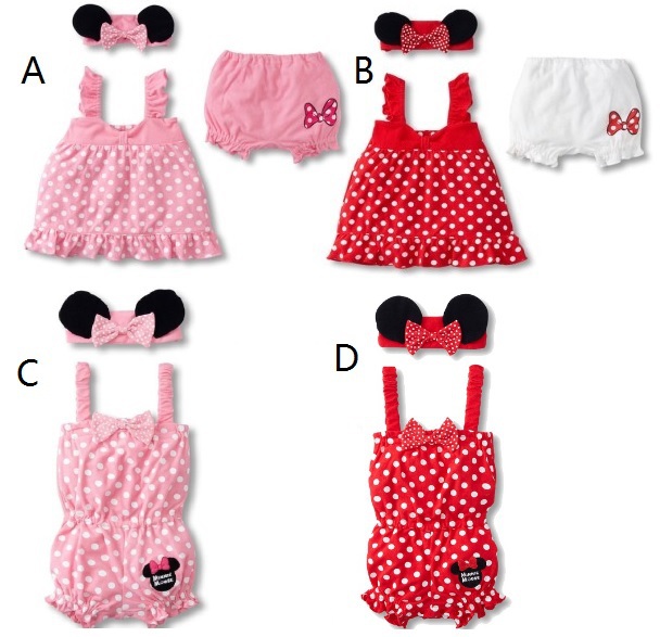Polka Dot Minnie Baby Bodysuits Hairband suits Dress Pant Head Bands Set Summer Clothes for Girls HOT Sale
