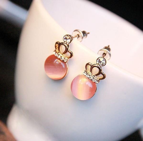 Free Shipping Wholesales Cute Exquisite 18K gold plated plated Crown Pink Opal Crystal Earrings Jewelry