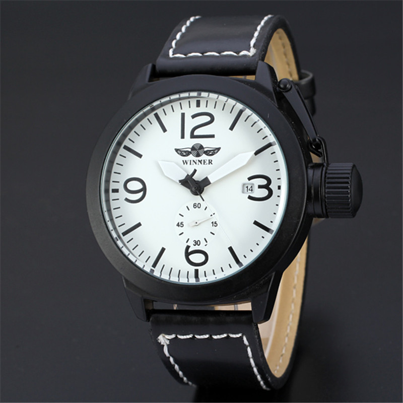 WINNER 2016 Mens Automatic Mechanical Date Calendar Sport Black Leather Strap  Men Wristwatch Analog Digital-watch Montre Homme