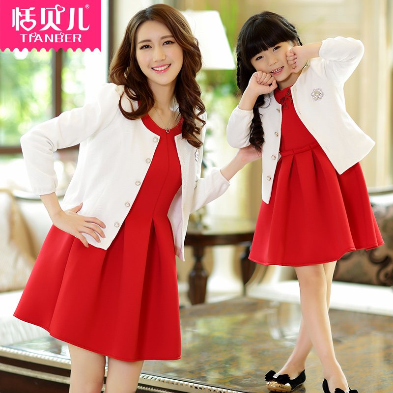 2016 spring family fashion red elegant dress and outerwear coat clothing formal girls party dress mother and daughter clothes