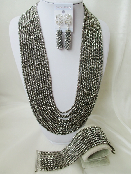 Charming 26'' Long 12layers Silver Plated Crystal Nigerian African Wedding Beads Jewelry Set CPS5238