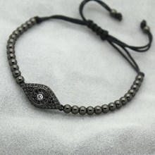 Anil Arjandas Fashion Men Black Bracelet,Pave Setting Black CZ Evil Eye Connector & 4mm Round Bead Braiding Men Macrame Bracelet