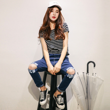 2016 Break Hole Jeans Trousers Female Show Thin Loose Letter Jeans