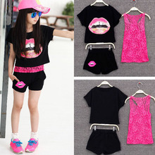 girls 3 pieces sets 2016 mother and daughter clothes suits kids summer clothes vest and lace tank top and shorts clothing set