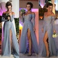 Luxury Long Prom Dress 2016 Grey Tulle Side Slit applique Sexy V neck Long Sleeve Plus