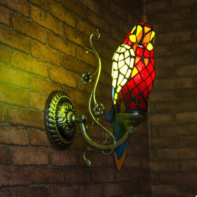 European multi glass parrot copper wall lamp for bedroom balcony stair creative warm vintage wall light,E27*1 bulb included,AC