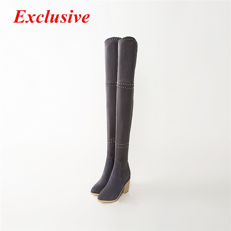 Sheepskin Knee Boots 2015 Latest Winter Rivet Long Boots Short Plush Pointed Toe Woman Shoe Plus Size Zip Sheepskin Knee Boots
