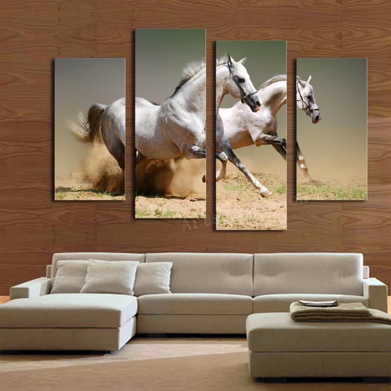 2015 Hot Sell 4 panel Running White Horse Large HD Picture Modern Home Wall Decor Canvas Print Oil Painting