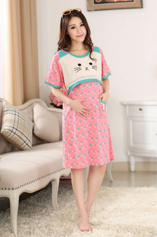 Plus size Kawaii Kitty Pink dots loose pregnant women maternity clothing for breast feeding homecoming dress lactating gowns 12