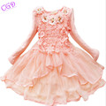 2016 Spring Girls Dresses Long sleeved Princess Party Dress Baby Girl Clothes Sweet Five Flowers Lace