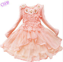 2016 Spring Girls Dresses Long-sleeved Princess Party Dress Baby Girl Clothes Sweet Five Flowers Lace Dress Children Clothing