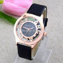 Nueva moda 7 colores hueco Rose Dial analógico banda de cuero Girl cuarzo reloj de pulsera