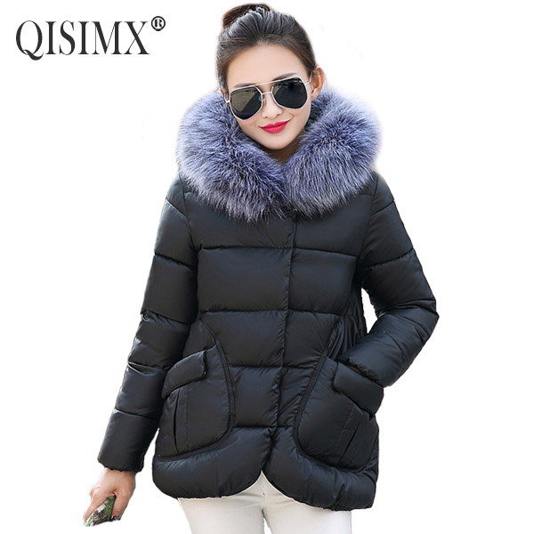QISIMX Winter Jackets Women 2015 Winter Women Coat Warm Women Down Jacket Casual Female Parkas With a Hood Large Faux Fur Collar