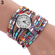 Woman Exotic Multi Layers Colorful Beads Crystals Quartz Bracelet Wrist Watch 28E7