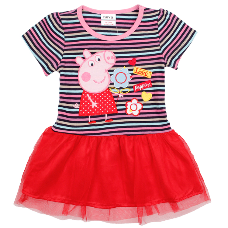 Nova fashion design 2-6y girls dress 100%cotton cute animal embroidered stripe with lace hemline baby girls dress retail