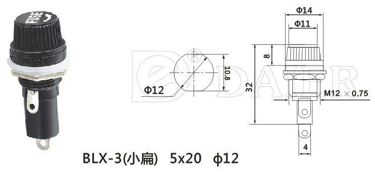 Description Picture 2 of item100PCS BLX-3 Small Flat 12MM Panel Mounted Glass Fuse Holder For 5X20MM Fuse 10A 250VAC