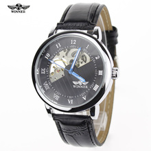 Winner Luxury Carving Skeleton Steampunk Hand Wind Mechanical Silver Genuine Leather Clasp Unisex Lover s Montre