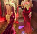 Full Sexy High Neck Burgundy Backless Mermaid Prom Dresses Long Sleeve 2016 Dubai Caftan Gold Appliques