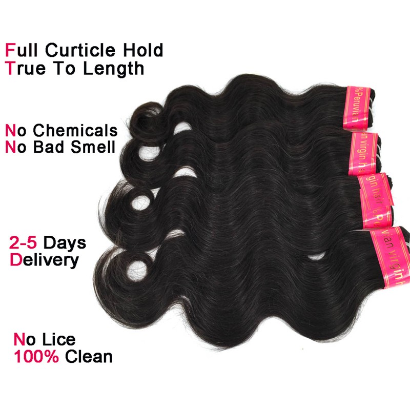 7A Peruvian Human Hair Weave Bundles with Closures 4 Pcs/lot Peruvian Body Wave Virgin Hair and 4*4 Lace Closure Bleached Knots