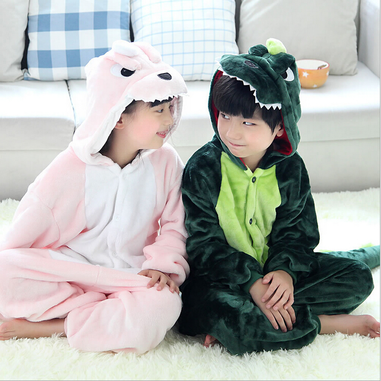 Children Kids Flannel Animal Pajamas Anime Cartoon Costumes Sleepwear Cosplay Onesie pink green dinosaur free shipping
